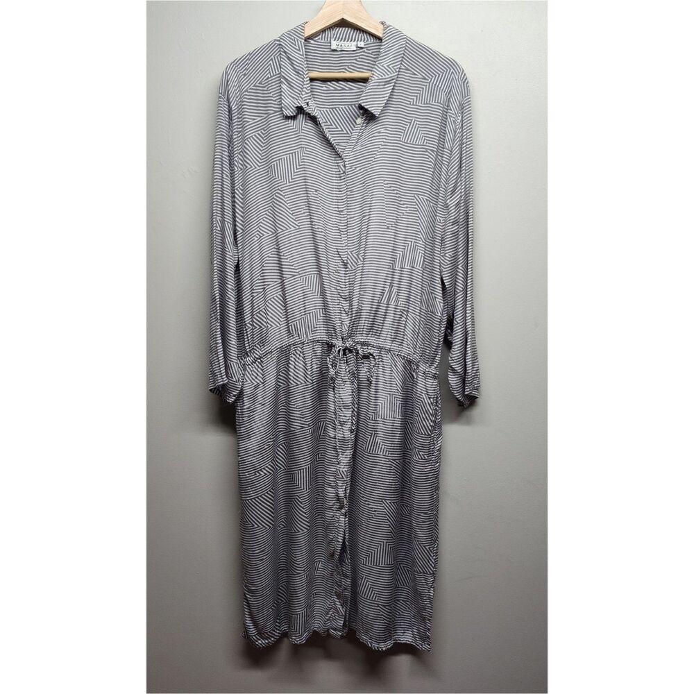 Masai Midi Shirt Dress Women Size L White Gray Stripes Long Sleeve Modest Casual